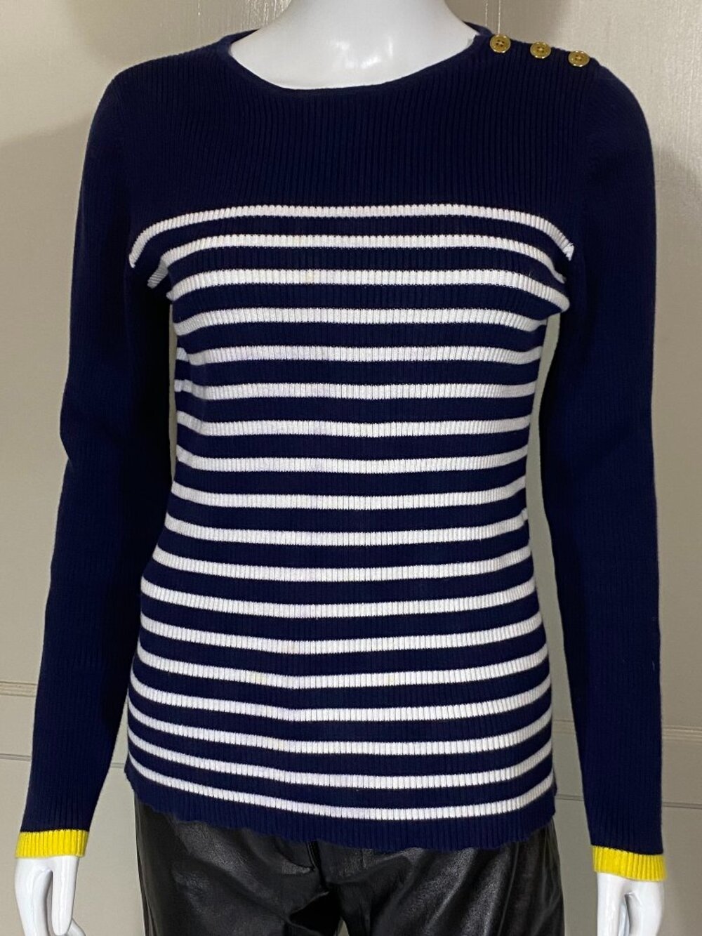 RALPH LAUREN Nautical Navy White Stripe Yellow Cuff Gold Logo Button Sweater L